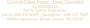 Cleaver Creek Farms • Irish Thunder Clydesdales • Pat & Tanya Connors • Sales: 608-432-8589 • Breeding: 608-547-7007 W9063 Maxwell Road, Elroy, WI 53929 